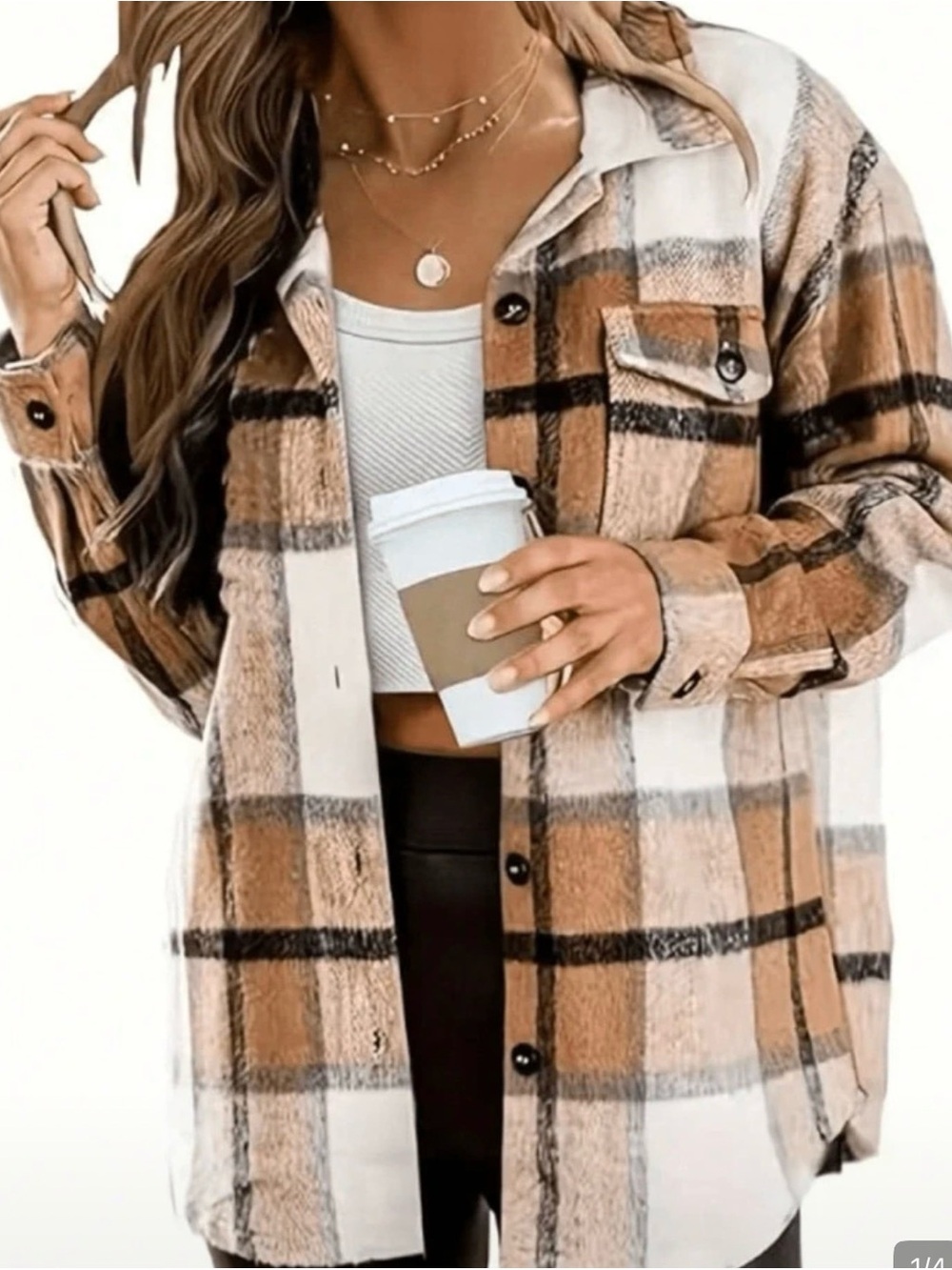 SHEIN Camel and White Plaid Button-Down Shacket